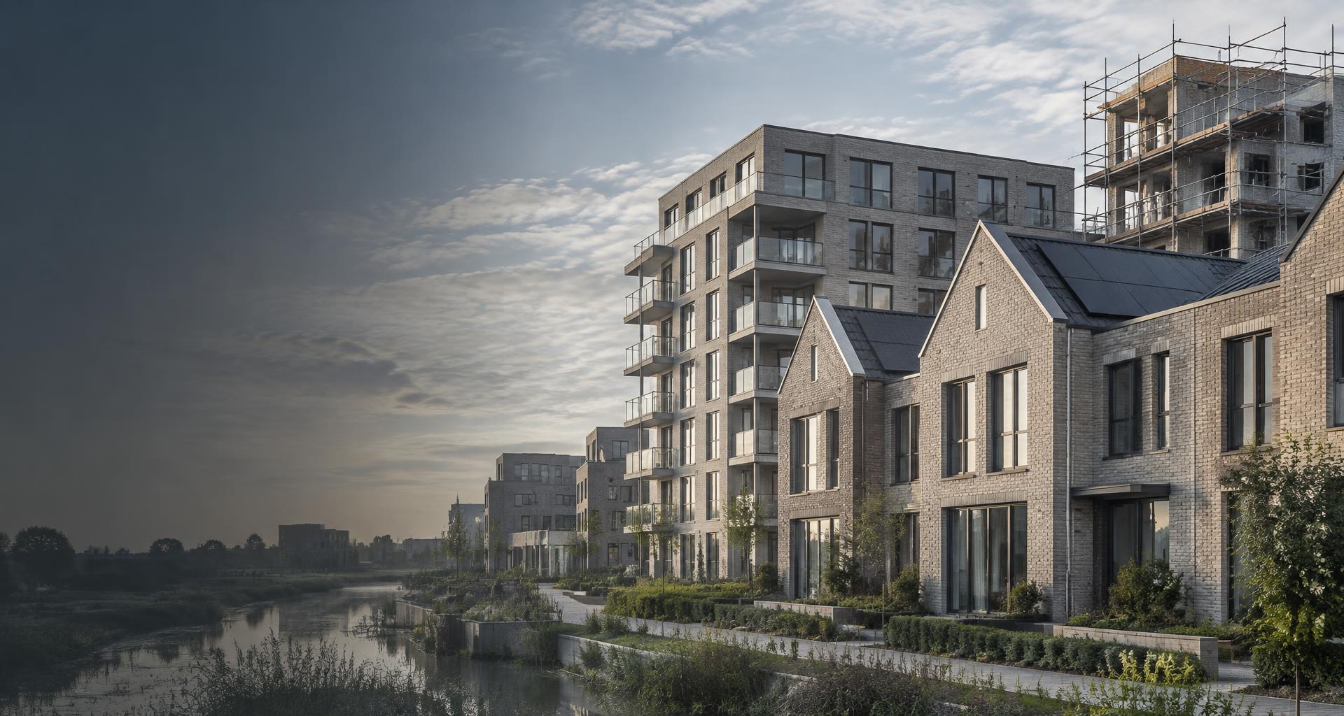 Moderne Nederlandse woningbouw met steigers en bakstenen gevels